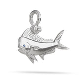 Sterling Silver Mahi Mahi Pendant High Polished Mirror Finish With Blue Sapphire Eye with A Mariner Shackle Bail Custom Designed By Nautical Treasure Jewelry In The Florida Keys